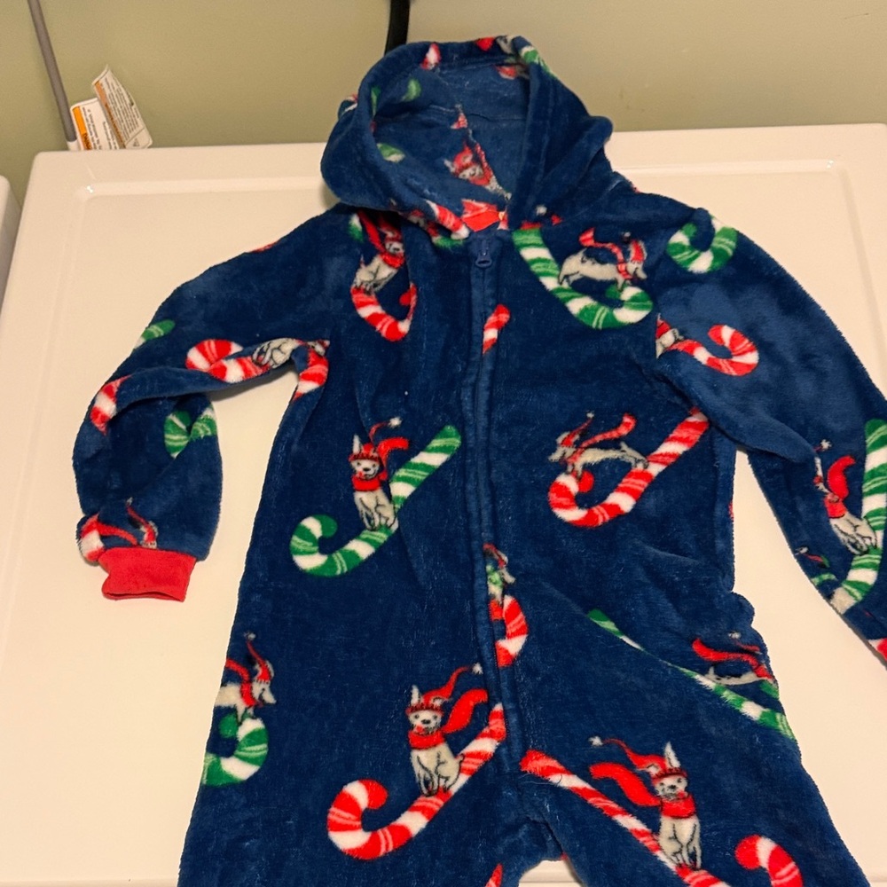 Festive Christmas Blue Hooded fleece Onesie with Candy Cane dog puppy
